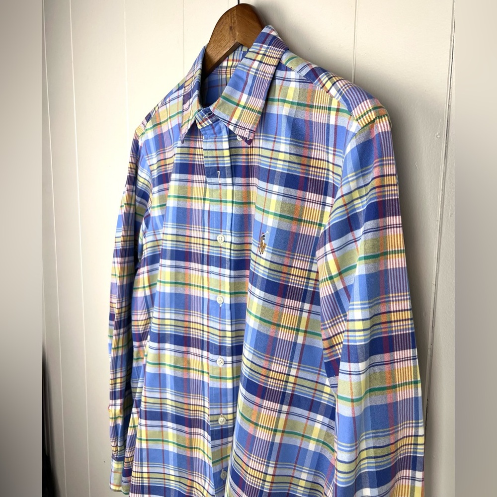 💙Ralph Lauren Blue Yellow Plaid Tartan Oxford Button Down size Large